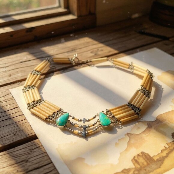 Boho Bamboo Choker Polished Chrysocolla Raw Lapis Stones Southwestern Necklace - Picture 1 of 16